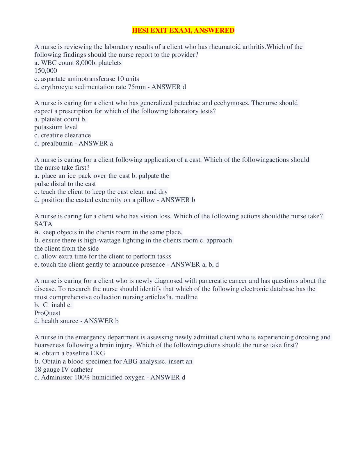 Preview image for Advanced concepts of adult health, HESI EXIT EXAM 2022/2023, Answered